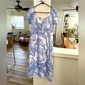 Blue and white floral/tropical dress.